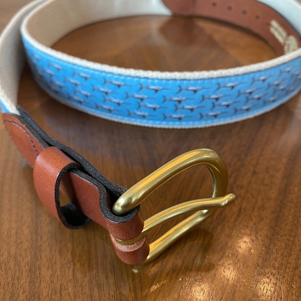 NWOT men’s belt 42” leather & fabric with billfish